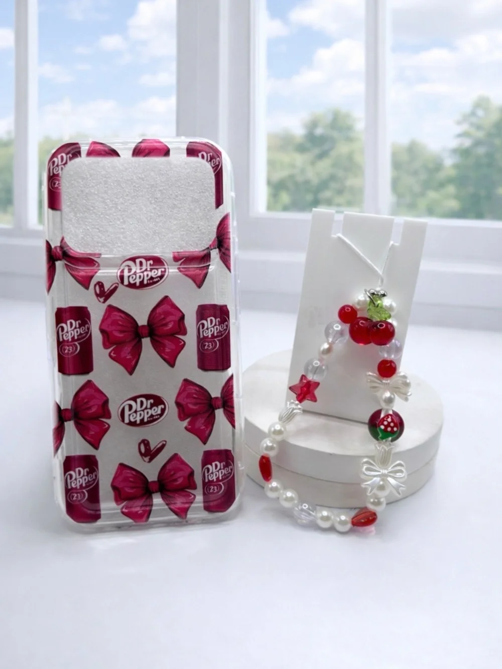 iPhone 17 Pro Dr Pepper Bow Phone Case + Beaded Cherry Bow Charm